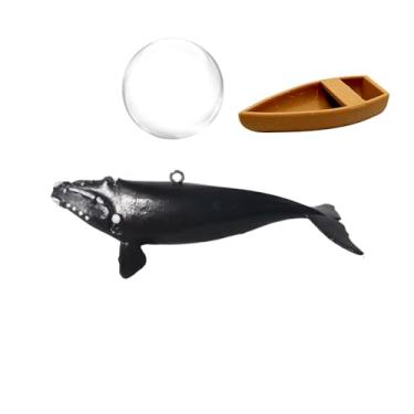 Imagem de CTWPets Criaturas de aquário flutuantes – Pacote com 2 tubarões com nano barco | Decoração de aquário suspenso com bola flutuante transparente e cordão de decoração de peixe betta (baleia jubarta)