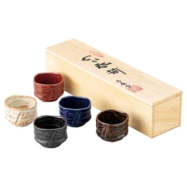 Imagem de Waraku Fuuka Xícara de saquê tradicional japonesa (conjunto de 5) vinho soju porcelana cor variedade de copos Sakazuki presentes (Kouhougama)
