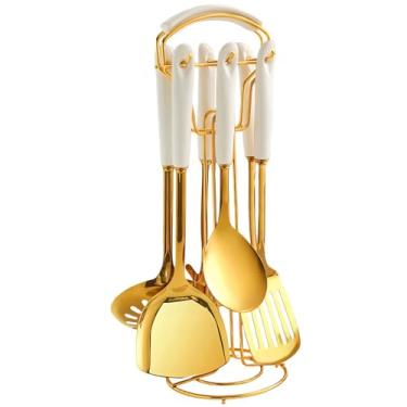 Imagem de Novellus Conjunto De Utensílios Cozinha Aço Inoxidável Com 7 Peças E Suporte, Acessórios Para Cozinhar, Incluindo Concha Sopa, Espátula Metal, Escumadeira, Fenda, Colher Macarrão, Ouro Branco