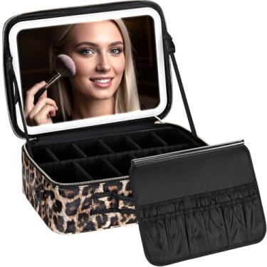 Imagem de IPOW Bolsa de maquiagem preta premium com espelho de LED recarregável, 3 configurações de luz ajustáveis, divisórias personalizáveis, organizador de viagem portátil, carregamento USB, leopardo, grande