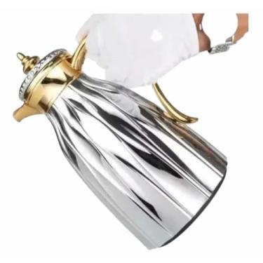 Imagem de Garrafa Térmica eEstilo Árabe, 1 Litro, Prata e Dourado, Sistema de Pressão