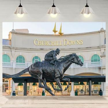 Imagem de 2,1 x 1,5 m Kentucky Derby pano de fundo estátua de Churchill Downs fotografia de fundo hipódromo de corrida de cavalos decoração faixa festa corrida de cavalos ao ar livre adereços de cabine de fotos