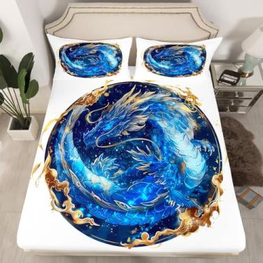 Imagem de Feelyou Jogo de lençol casal com estampa de dinossauro 3D de dragão, animais selvagens, animais selvagens, decoração de quarto, branco e azul