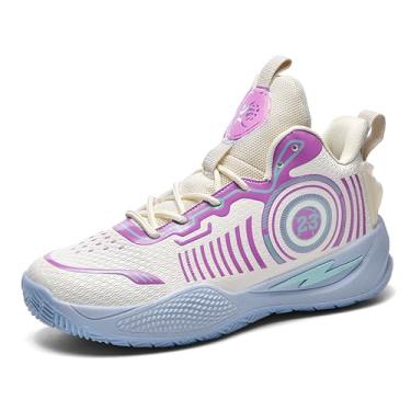 Imagem de Bolognifi Tênis de basquete neutro unissex cano alto antiderrapante luz noturna tênis de corrida resistente ao desgaste calçados esportivos Equipamento de basquetebol(Beige-purple,42 BR)