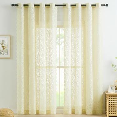 Imagem de Bujasso Cortinas de janela de renda marfim vintage floral transparente painéis de 241 cm para sala de estar quarto elegante filtragem de luz cortinas marfim conjuntos de tratamento de janela ilhós