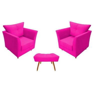 Imagem de Kit 2 Poltronas Decorativa Isis + Puff Retangular Couro Rosa Pink Pés 