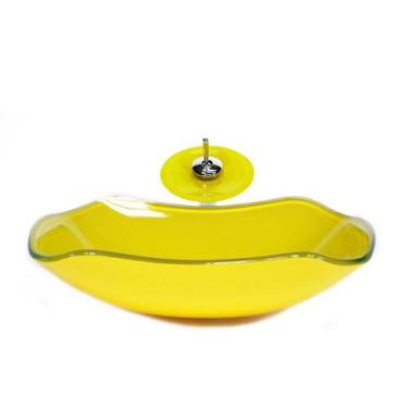 Imagem de Cuba de vidro abaulada 51cm amarelo + valvula + torneira cascata - Cub