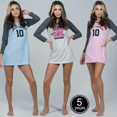 Imagem de Kit 5 Camisolas Manga Longa Teen Conforto Pijama Estampado - WLS Modas