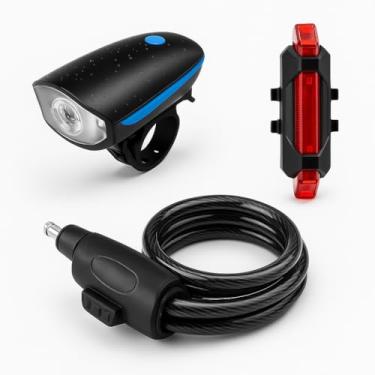 Imagem de Kit Farol LED 250 lm com Buzina 140 dB Lanterna Traseira USB 4 Modos Cadeado para Bike 70 cm x 12 mm Silicone