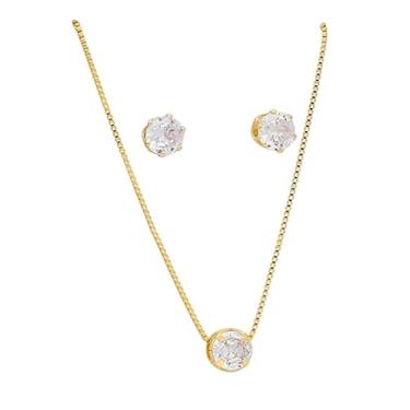 Imagem de Kit Conjunto Ponto de Luz com Zircônias - Colar e Brinco Folheado a Ouro 18k, Hipoalergênico, Luxuoso e Elegante - Acessório Feminino