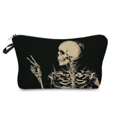 Imagem de Livel lhood Bolsa de maquiagem de esqueleto com símbolo de vitória engraçada pequena bolsa organizadora com zíper bolsa de cosméticos esqueleto bolsa de cosméticos gótico presente de aniversário para