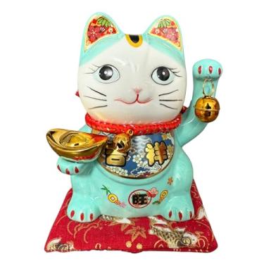 Imagem de Cofrinho de cerâmica Lucky Cat para boa sorte e prosperidade, ornamento Feng Shui Maneki Neko para casa, escritório, loja - 14 cm de altura (azul)