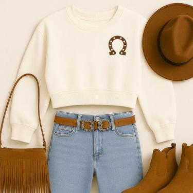 Imagem de Cropped Moletom Country Estampa Ferradura Cavalo Roça Rodeio Show Barr