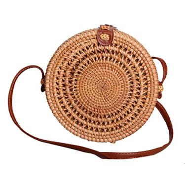 Imagem de SHAREYOIU Bolsas de ombro redondas de vime feitas à mão, estilo tropical de praia natural chique com alça de couro, Puro, BIG ,7.87 x 3.2 inches