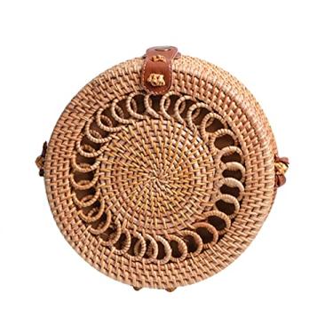 Imagem de SHAREYOIU Bolsas de ombro redondas de vime feitas à mão, estilo tropical de praia natural chique com alça de couro, Círculo, BIG ,7.87 x 3.2 inches