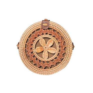 Imagem de SHAREYOIU Bolsas de ombro redondas de vime feitas à mão, estilo tropical de praia natural chique com alça de couro, Flor H, BIG ,7.87 x 3.2 inches