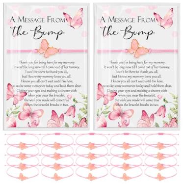 Imagem de 50 conjuntos de lembrancinhas de festa de chá de bebê para convidados pulseiras de borboleta ajustáveis com pingente de borboleta uma mensagem do cartão Bump chá de bebê presente para revelação de