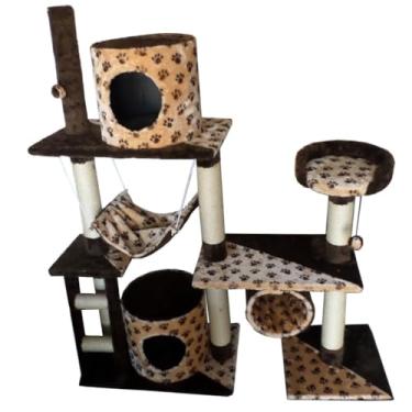 Imagem de Arranhador com Casinhas E Rede Para Gatos(Marrom com patinhas)