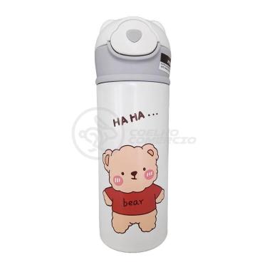 Imagem de Garrafa Térmica De Ursinho Branca Infantil 420ml Com Trava De Tampa E Canudo De Silicone