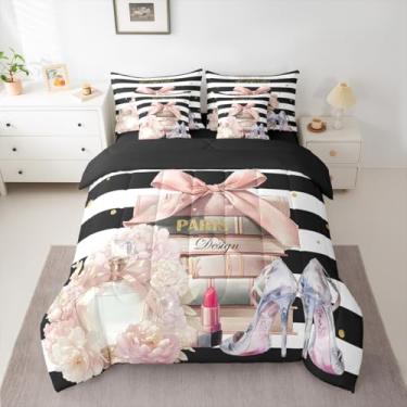 Imagem de jejeloiu Conjunto de edredom fashion rosa com lençóis, tamanho solteiro, preto e branco, listrado, 7 peças, para meninos, meninas, adolescentes, floral, em uma bolsa, respirável, perfume, salto alto,