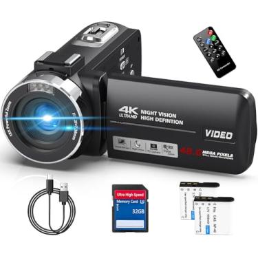 Imagem de Câmera de vídeo Ultra HD 4K com 48MP,Filmadora，Zoom digital de 18X, Tela sensível ao toque de 3,0 polegadas, Visão noturna por infravermelho, Webcam，2 baterias, remoto infravermelho, Cartão de 32GB
