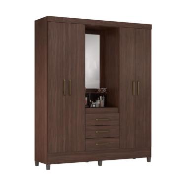 Imagem de Guarda-Roupa Solteiro com Espelho Capelinha 4 Portas 3 Gavetas Café