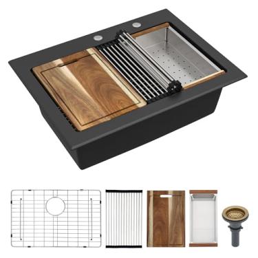 Imagem de Pia de cozinha composta de 30 granitos - Fulorni 76,2 cm x 55,88 cm Pia de cozinha de granito com borda preta Drop In Topmount quartzo clássico preto fosco acima do balcão bacia única tigela