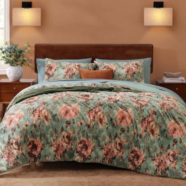Imagem de CASAAGUSTO Conjunto de edredom completo, conjunto de edredom floral vermelho e sálvia com estampa de folhas de flores, design de veludo macio para o inverno, conjunto de cama casal (203 x 232 cm)