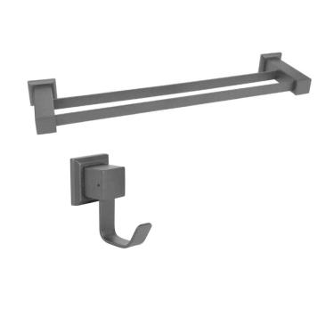 Imagem de Kit com Porta Toalha de Banho Duplo 62cm e 1 Cabide  Ducon Metais Black