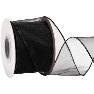 Imagem de Zofrud Fita de organza preta com fio de 6,5 cm – Fita transparente de 20 metros com borda metálica para embrulho de presente, laços, arranjos florais, artesanato e decorações de casamento