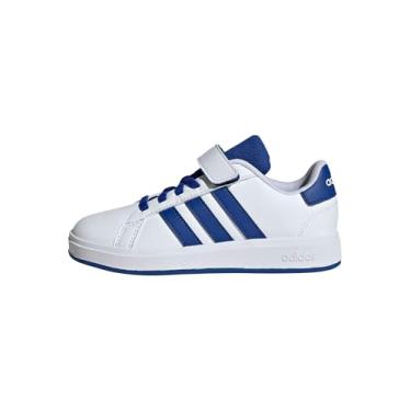 Imagem de adidas Tênis infantil unissex Grand Court 2.0 com cadarço elástico e alça, Branco/Team Royal Blue/Preto, 15