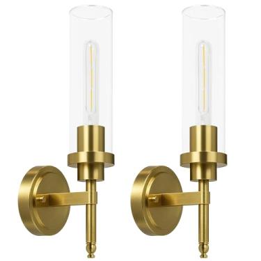 Imagem de Conjunto de 2 arandelas de parede, luminárias modernas para banheiro com sombra de vidro transparente, luzes de parede para sala de estar, espelho, quarto, corredor, cozinha (ouro escovado)