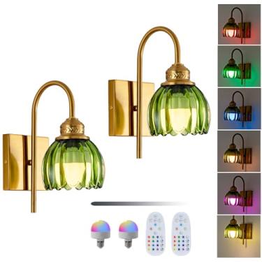 Imagem de YEEZEMA Arandela de parede operada por bateria conjunto de 2 luzes de parede recarregáveis douradas sem fio com cúpula de vidro verde tulipa lâmpadas destacáveis para quarto, cabeceira, sala de estar