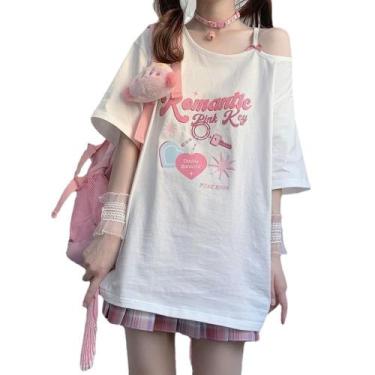 Imagem de Camiseta feminina CEINOM Off Shoulder Harajuku Sweet Girl branca