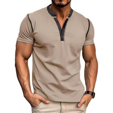 Imagem de Camisa masculina casual Henley Qekoma Summer de manga curta cáqui
