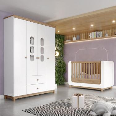 Imagem de Quarto de Bebê Completo Aconchego 4 Portas 2 Gavetas com Vidro Branco/Jequitibá - Henn