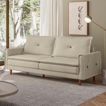 Imagem de Sofá Living 3 Lugares com Pés em Madeira Maciça 210cm Sololá Espresso Móveis Linho Bege