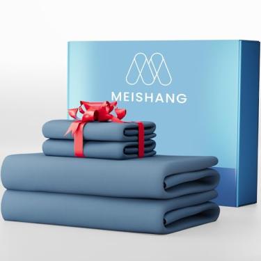 Imagem de MEISHANG Lençóis de algodão 1000 fios Queen Size - 100% algodão egípcio, cetim acetinado, ultramacio e respirável, bolsos profundos de 41 cm - 4 peças (Queen, azul esfumaçado)