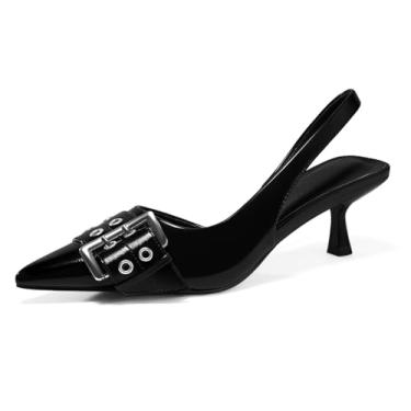 Imagem de PiePieBuy Sapato social feminino com fivela D'Orsay, salto baixo, bico fino, bico fechado, Preto, 36