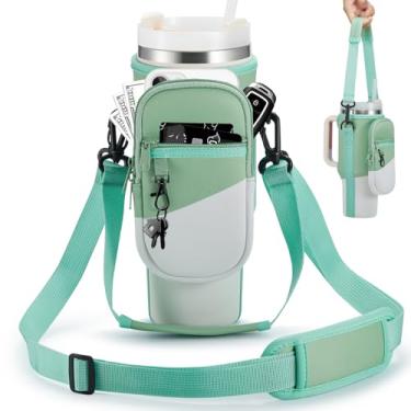Imagem de BULKITEM Bolsa de transporte para garrafa de água com bolso para telefone para copo Stanley verde gradiente 1,134 g com alça, suporte de copo de neoprene isolado alça para acessórios de copo Stanley