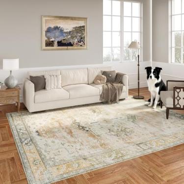 Imagem de Tapete persa vintage de 2,2 x 3,5 m, tapete de área grande de pilha baixa pesado | Tapete denso de trama plana que não solta para sala de estar sob conjunto de sofá de tamanho completo | Seguro para