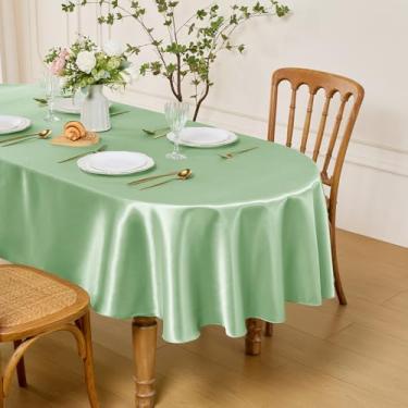 Imagem de Entisn Toalha de mesa oval 132 x 187 cm, feita de tecido de cetim verde sálvia, adequada para 4 a 6 assentos, design resistente a rugas e fácil de limpar, decoração de mesa para casamento, banquete