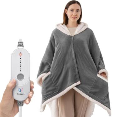 Imagem de Cobertor aquecido vestível, poncho elétrico de xale aquecido com capuz e bolsos para mulheres e homens, 5 configurações de calor, desligamento automático 3H, lavável na máquina, certificado ETL