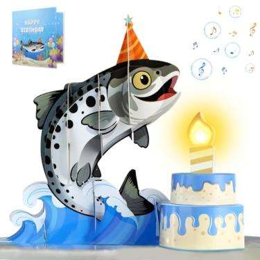 Imagem de D4DREAM Cartões de aniversário musicais de pesca para crianças - Vela soprada música e luzes 3D bacalhau peixe cartões de aniversário pop-up feitos à mão com envelope, etiqueta de nota, presentes de