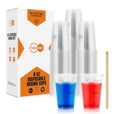 Imagem de Copos medidores de plástico 227 g, pacote com 100 copos de mistura descartáveis com 100 bastões de mistura, copos de medição graduados de tinta para resina epóxi, mistura de tinta, arte DIY