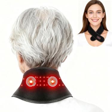 Imagem de Massageador de pescoço com massagem de calor e vibração, almofada de aquecimento de pescoço sem fio para dor no pescoço com luz vermelha de 660 nm, 850 nm, envoltório de pescoço aquecido para mulheres