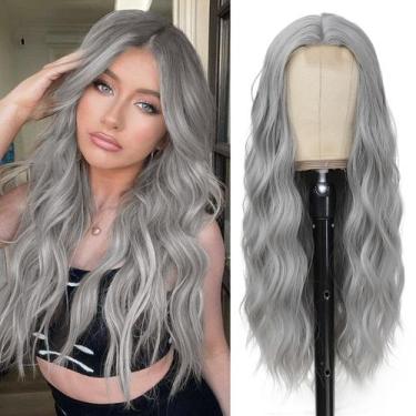 Imagem de Peruca YBYMCAI Grey Long Silver Wavy 66 cm para mulheres resistentes a