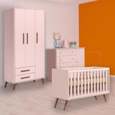Imagem de Berço Mini Cama Cômoda Sapateira e Guarda Roupa Retro Rosa - Qmovi