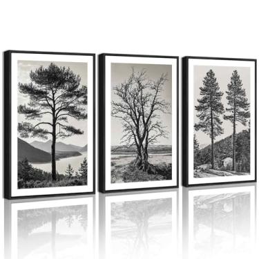 Imagem de KUVIOKE Arte de parede em tela emoldurada de árvore vintage preto e branco retrô desenhos de floresta antiga natureza natureza esboço pintura de parede decoração moderna 40 x 61 cm (moldura preta)