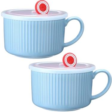 Imagem de Nuenen 2 tigelas de sopa com tampas e alças de 850 g para micro-ondas caneca de sopa de cerâmica segura para micro-ondas recipientes de ramen com tampas grandes copos coloridos para cozinha de cereais